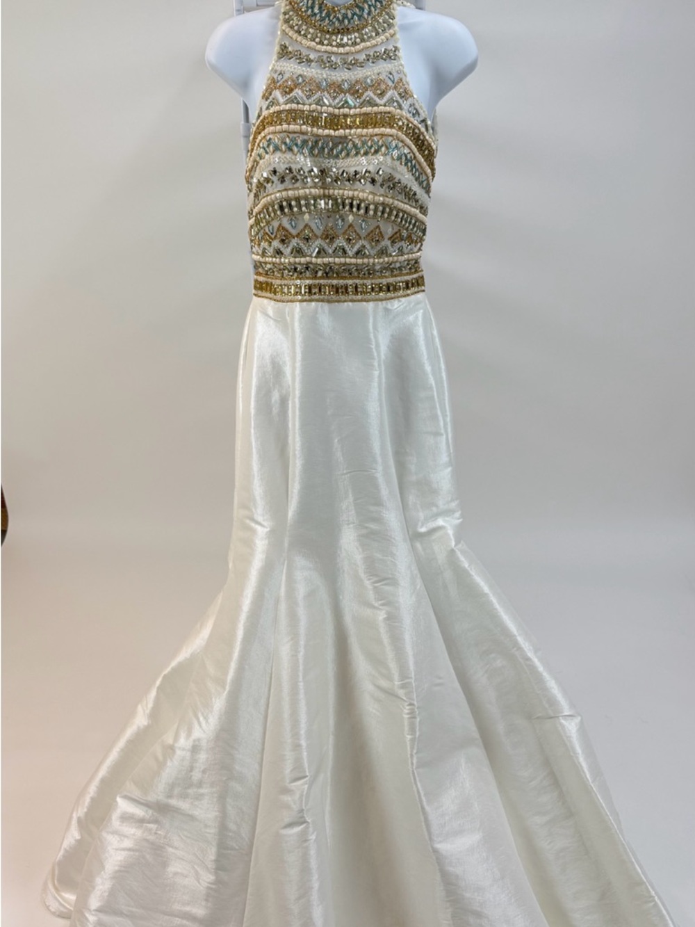 Beaded Halter Mermaid Gown Size 4 Ivory Gold Prom Formal Dress Open Back